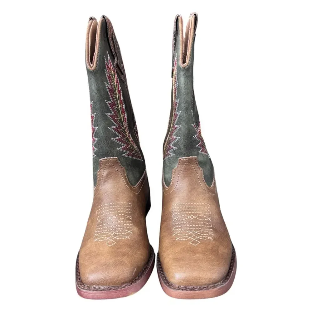 Roper Boys' Arrowheads Western Boots Brown Olive Green Embroidered Size 13